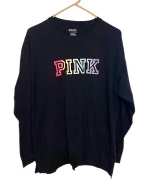 Victoria's Secret PINK Black Long Sleeve Tee with Rainbow Lettering